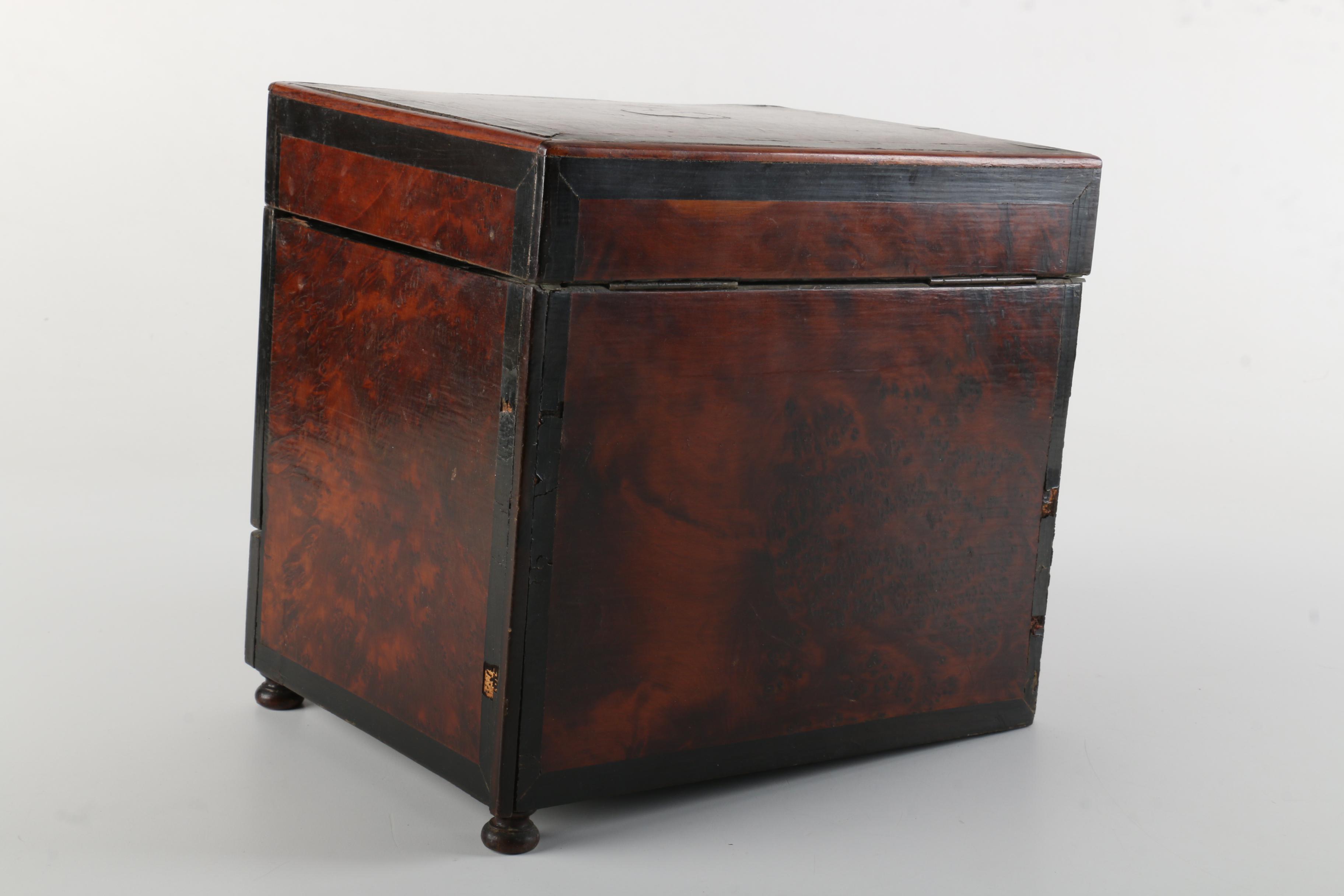 Vintage Wooden Bar Caddy Chest with Etched Glass Decanters and Stemware