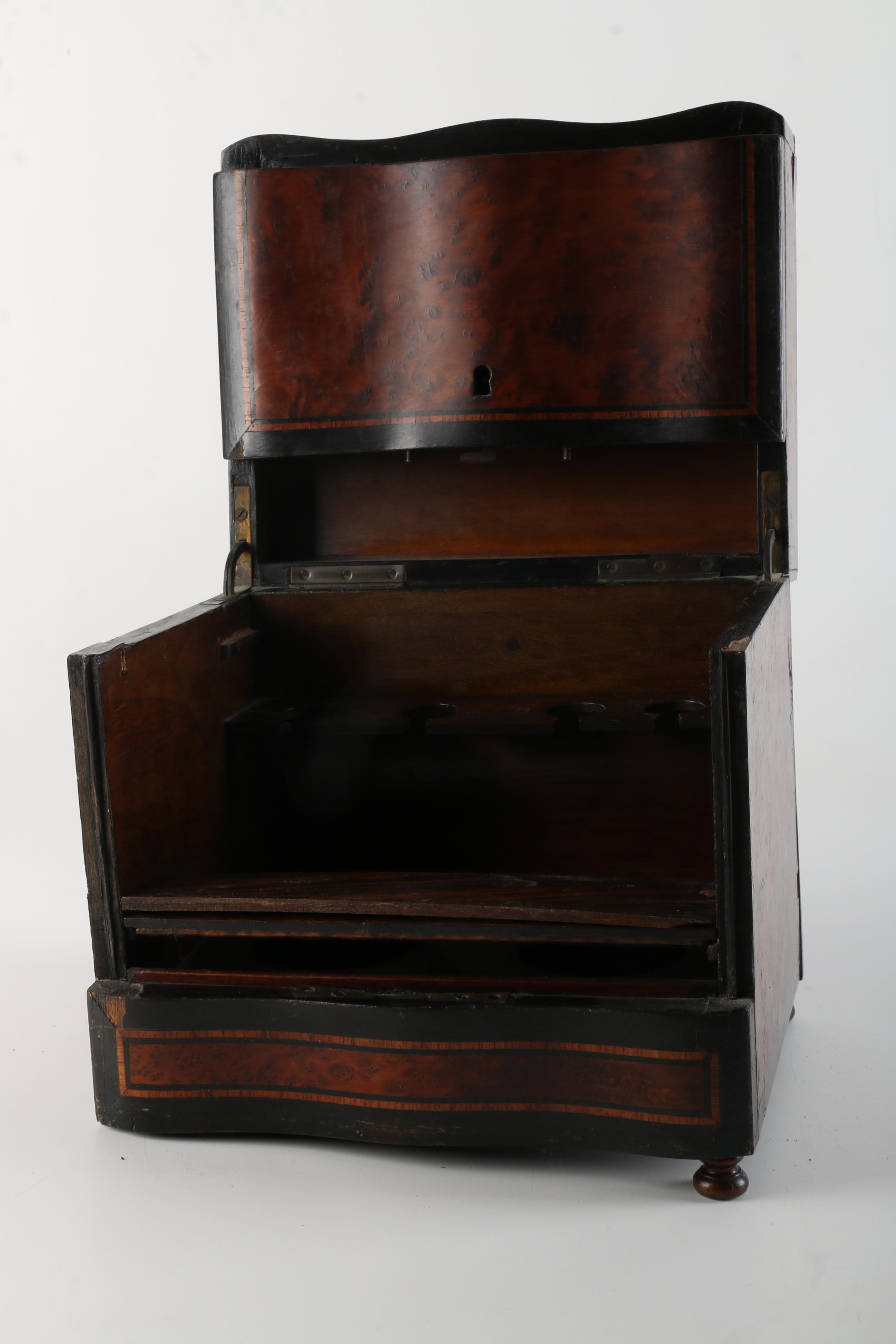 Vintage Wooden Bar Caddy Chest with Etched Glass Decanters and Stemware