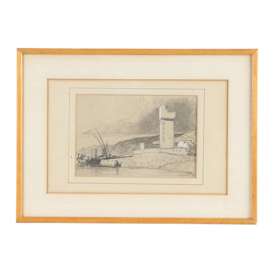 John Sell Cotman Graphite Drawing "Boats on a River"