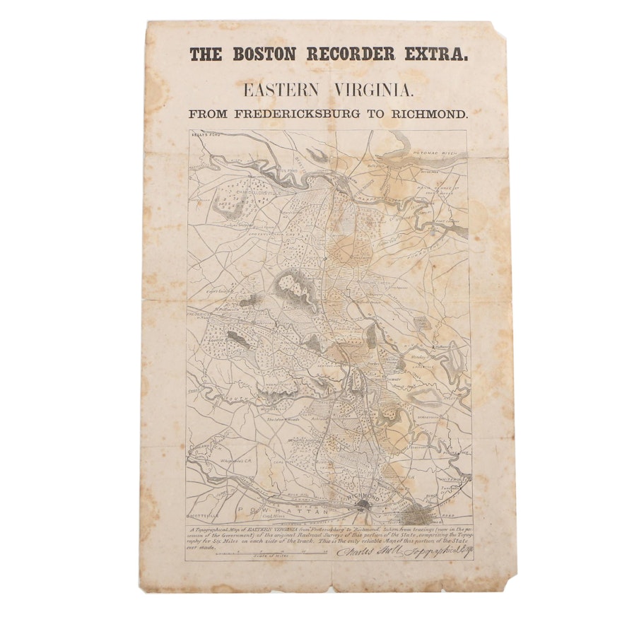 Circa 1860 Charles Sholl Wood Engraved Map "From Fredericksburg to Richmond"