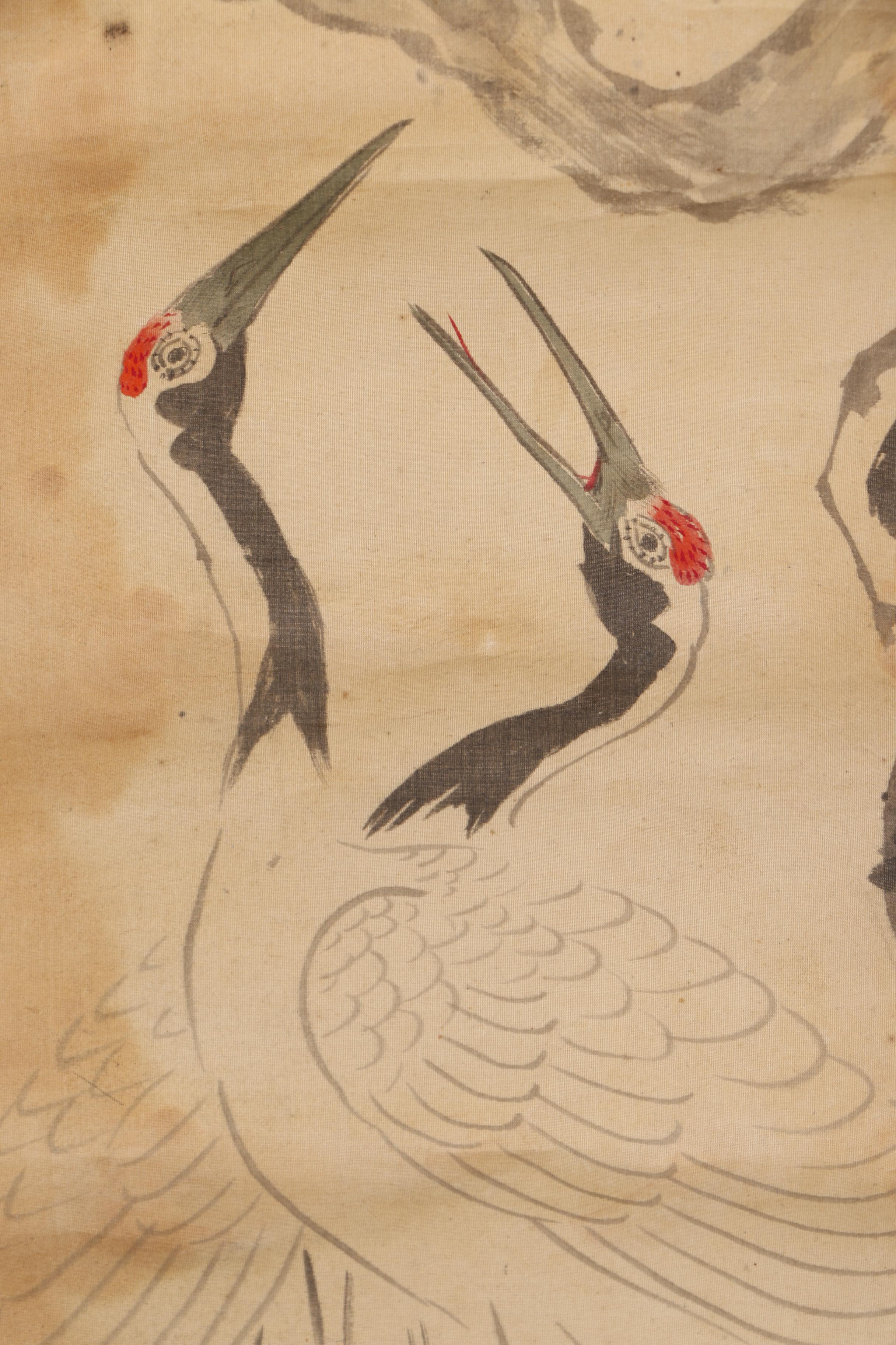 East Asian Ink & Gouache Painting Hanging Scroll of a Cranes