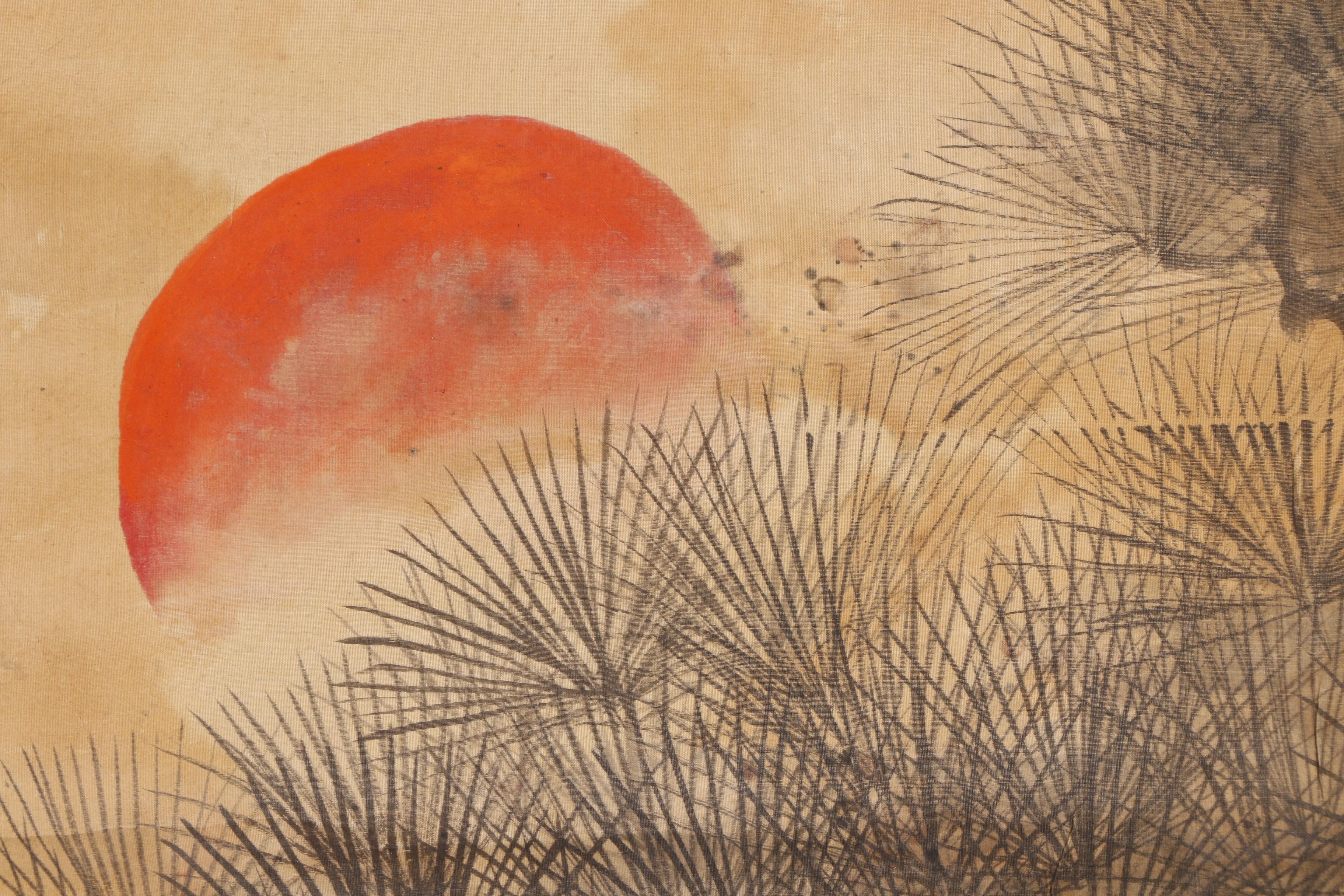 East Asian Ink & Gouache Painting Hanging Scroll of a Cranes