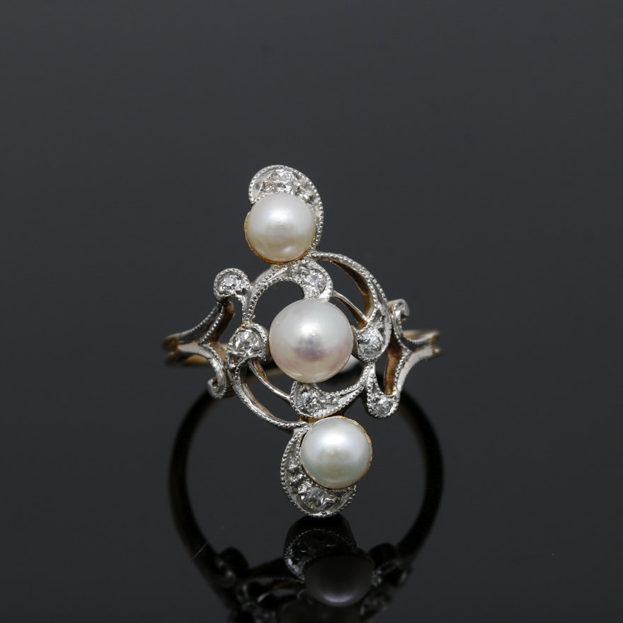 Belle Époque 18K Yellow Gold and Platinum Cultured Pearl and Diamond Ring