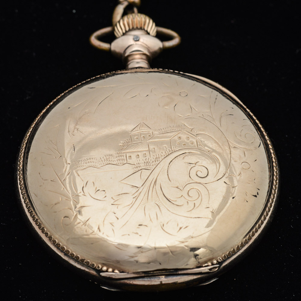 Antique Waltham 14K Yellow Gold Plate Pocket Watch with Blood Stone Fob