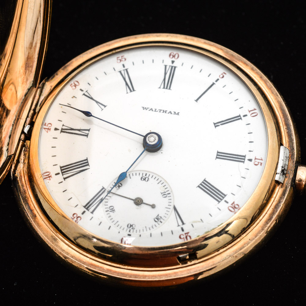 Antique Waltham 14K Yellow Gold Plate Pocket Watch with Blood Stone Fob