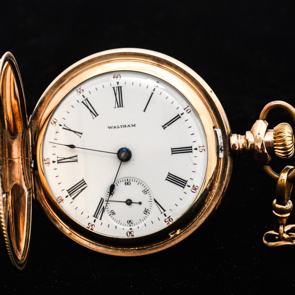 Antique Waltham 14K Yellow Gold Plate Pocket Watch with Blood Stone Fob