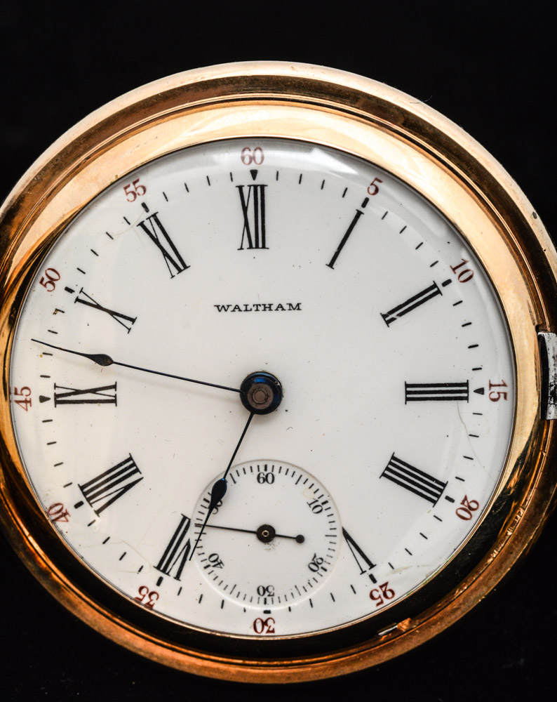 Antique Waltham 14K Yellow Gold Plate Pocket Watch with Blood Stone Fob