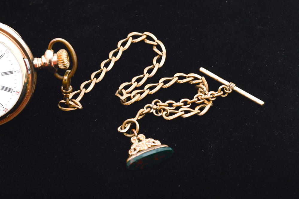 Antique Waltham 14K Yellow Gold Plate Pocket Watch with Blood Stone Fob
