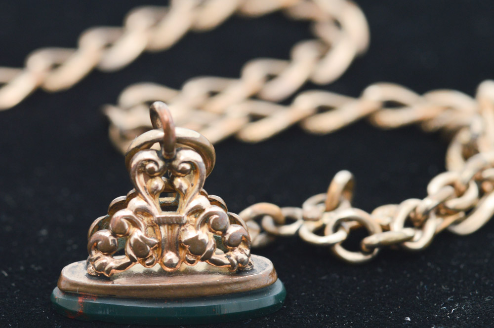 Antique Waltham 14K Yellow Gold Plate Pocket Watch with Blood Stone Fob