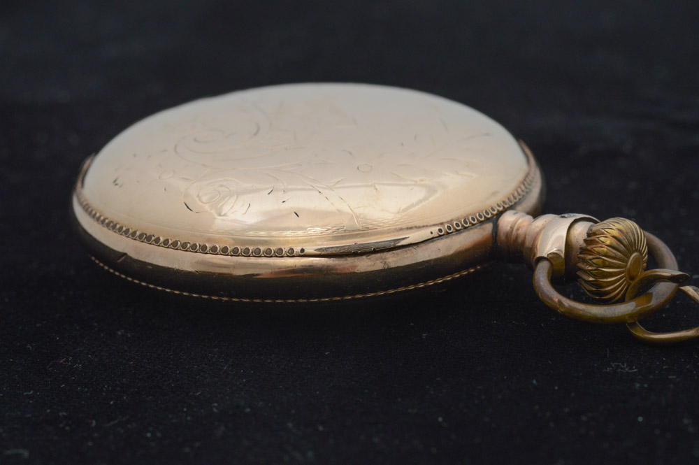 Antique Waltham 14K Yellow Gold Plate Pocket Watch with Blood Stone Fob