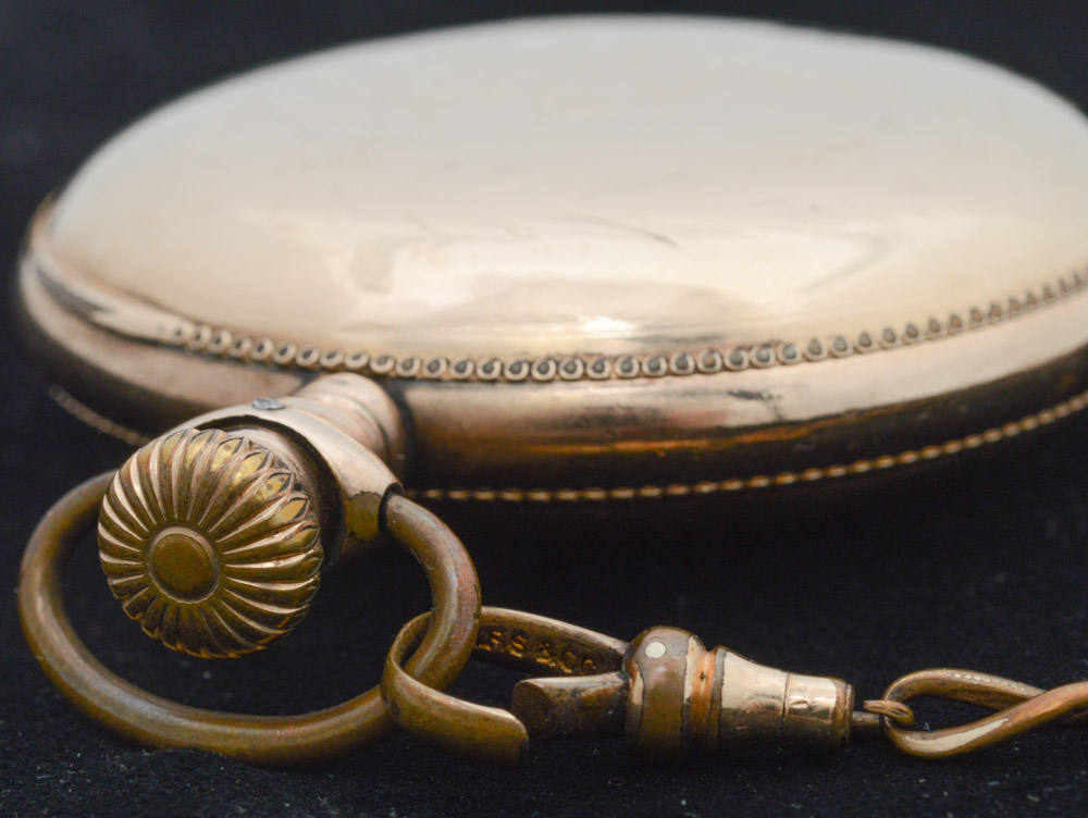 Antique Waltham 14K Yellow Gold Plate Pocket Watch with Blood Stone Fob