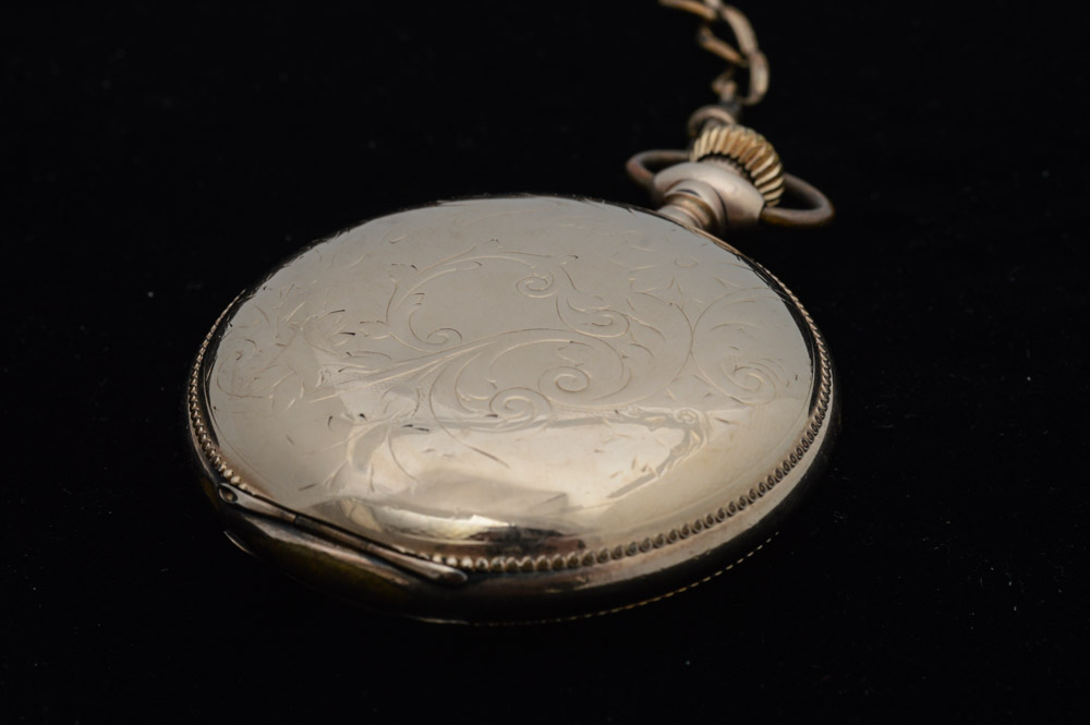 Antique Waltham 14K Yellow Gold Plate Pocket Watch with Blood Stone Fob