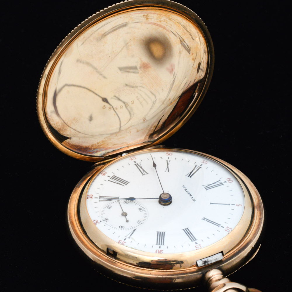 Antique Waltham 14K Yellow Gold Plate Pocket Watch with Blood Stone Fob