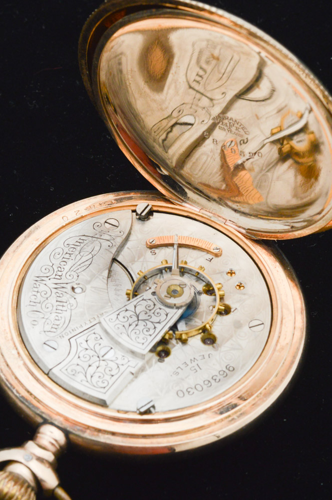 Antique Waltham 14K Yellow Gold Plate Pocket Watch with Blood Stone Fob