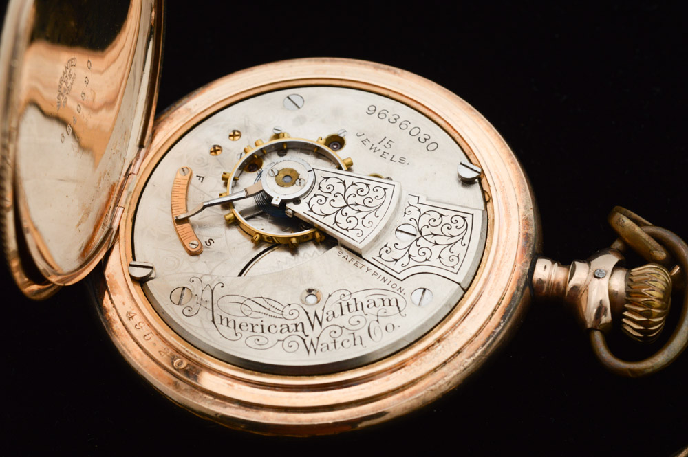 Antique Waltham 14K Yellow Gold Plate Pocket Watch with Blood Stone Fob