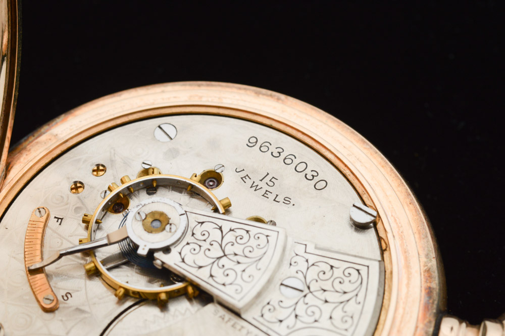 Antique Waltham 14K Yellow Gold Plate Pocket Watch with Blood Stone Fob