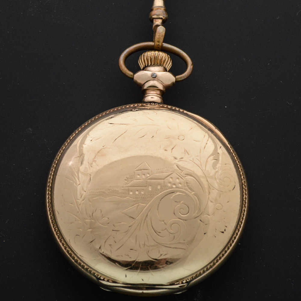 Antique Waltham 14K Yellow Gold Plate Pocket Watch with Blood Stone Fob