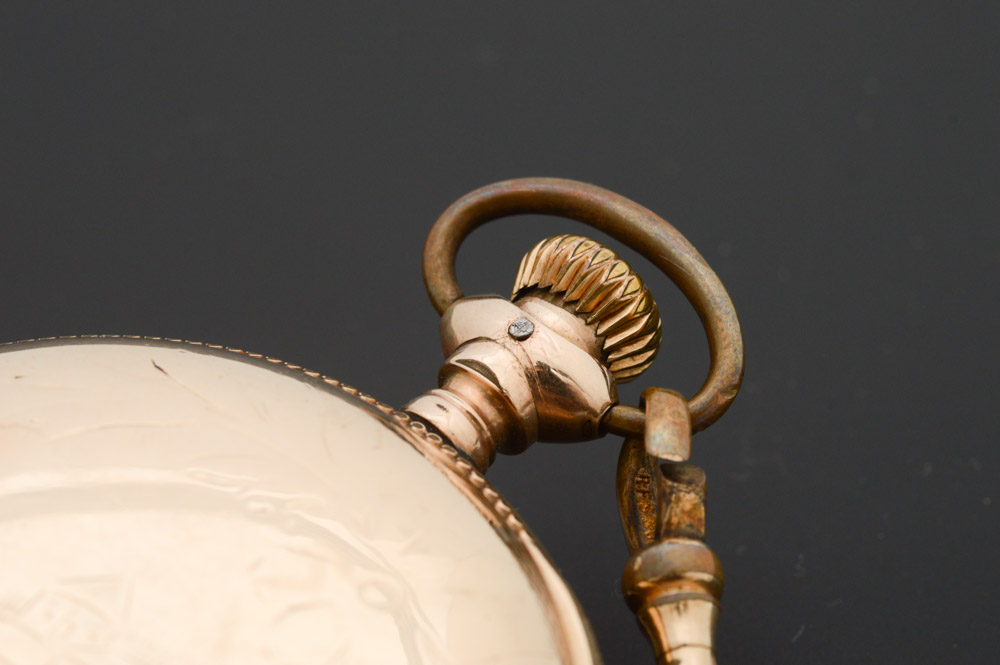 Antique Waltham 14K Yellow Gold Plate Pocket Watch with Blood Stone Fob