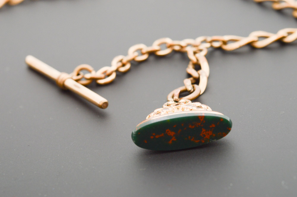 Antique Waltham 14K Yellow Gold Plate Pocket Watch with Blood Stone Fob