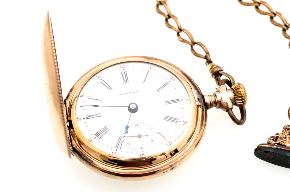 Antique Waltham 14K Yellow Gold Plate Pocket Watch with Blood Stone Fob
