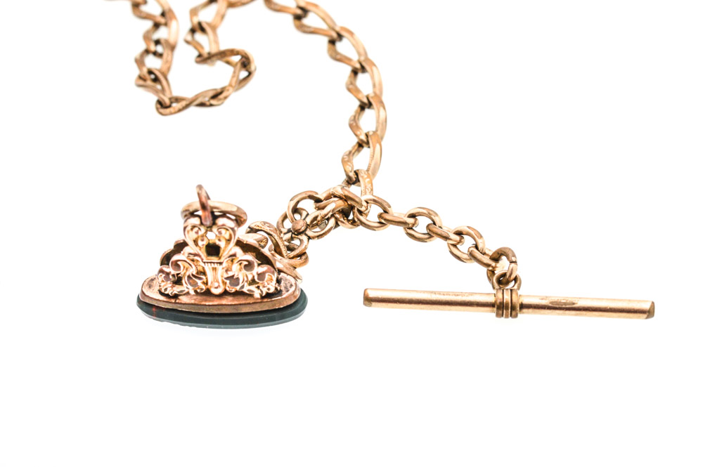 Antique Waltham 14K Yellow Gold Plate Pocket Watch with Blood Stone Fob