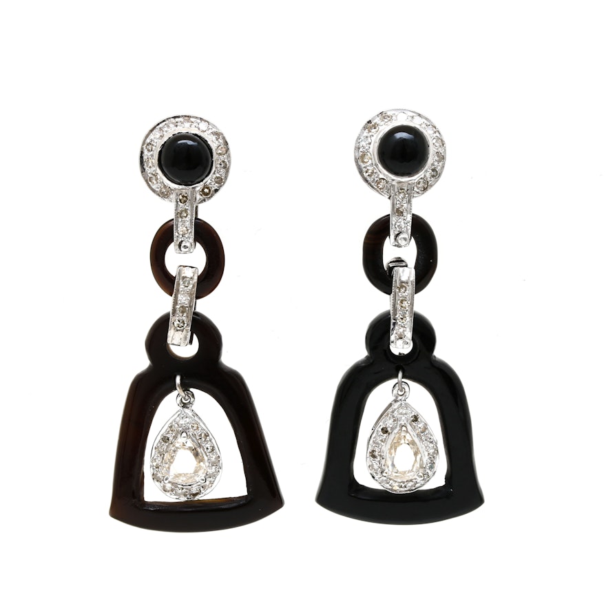 Vintage 18K White Gold 1.09 CTW Diamond and Onyx Drop Earrings