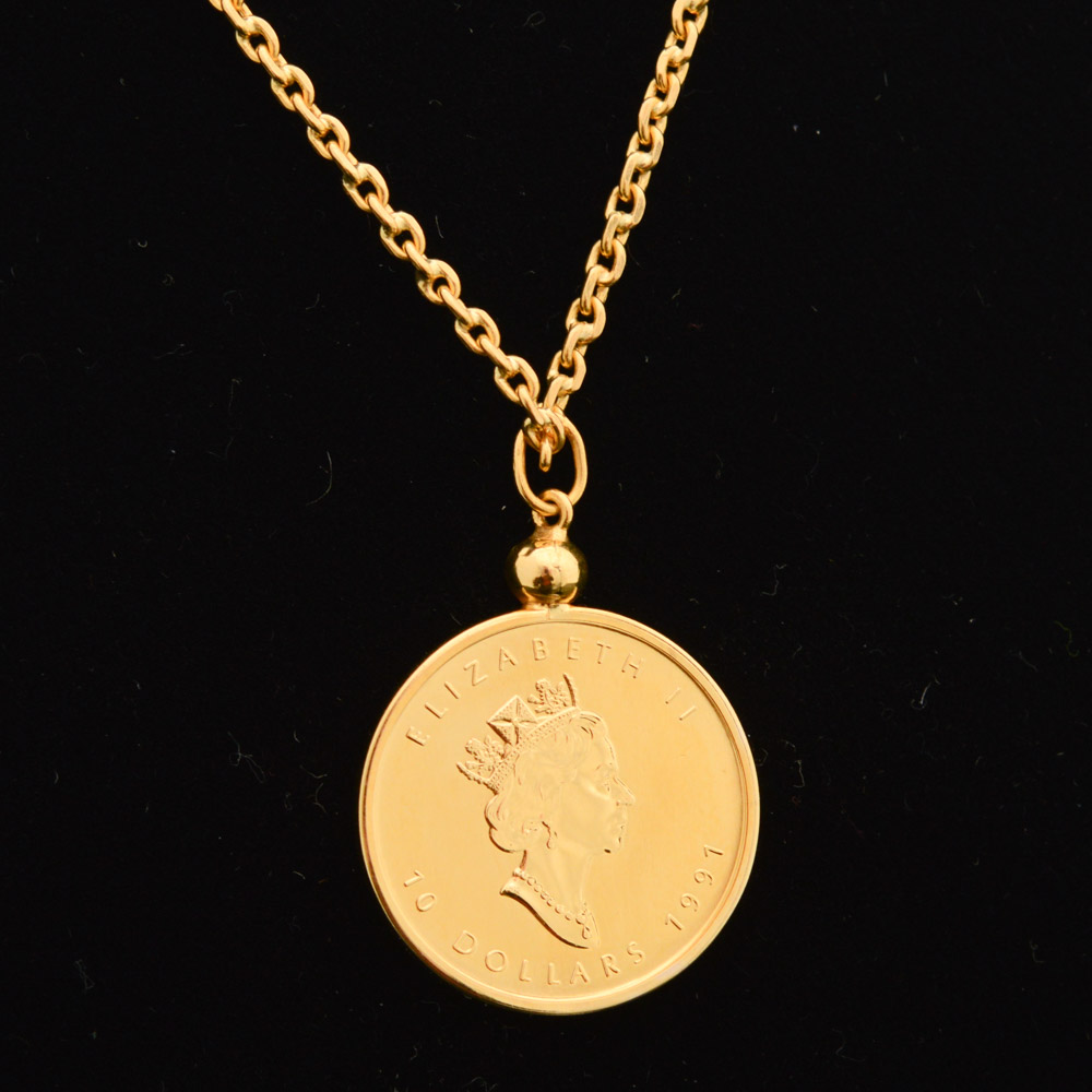 20K Yellow Gold Necklace with Canadian 1991 Gold Maple Leaf Bullion Coin Pendant
