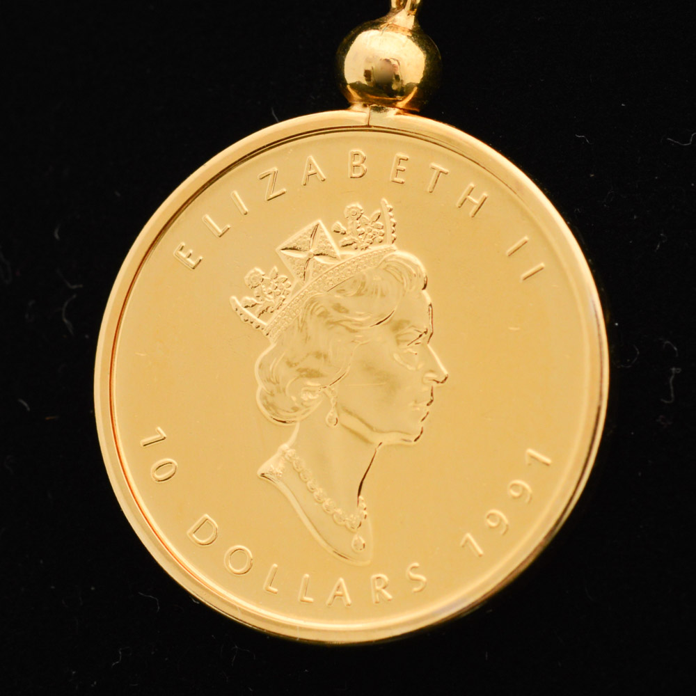 20K Yellow Gold Necklace with Canadian 1991 Gold Maple Leaf Bullion Coin Pendant