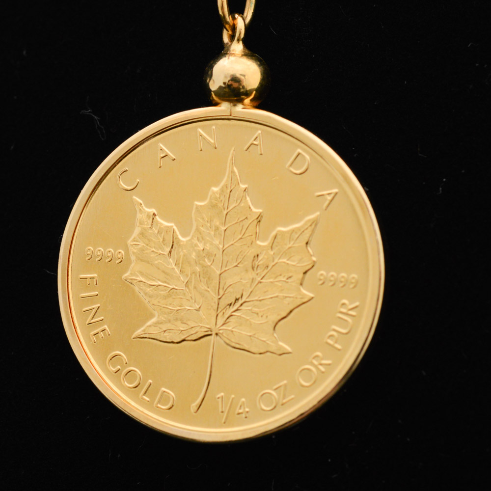 20K Yellow Gold Necklace with Canadian 1991 Gold Maple Leaf Bullion Coin Pendant