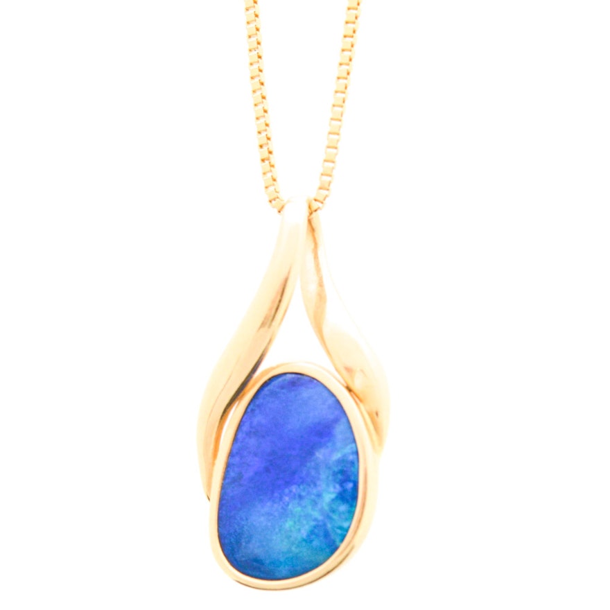 14K Yellow Gold Boulder Opal Pendant Necklace