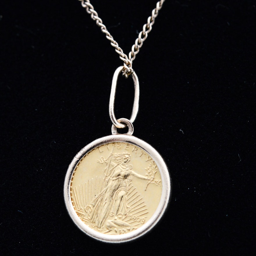 22K Yellow Gold Replica Coin Pendant on 14K Yellow Gold Chain