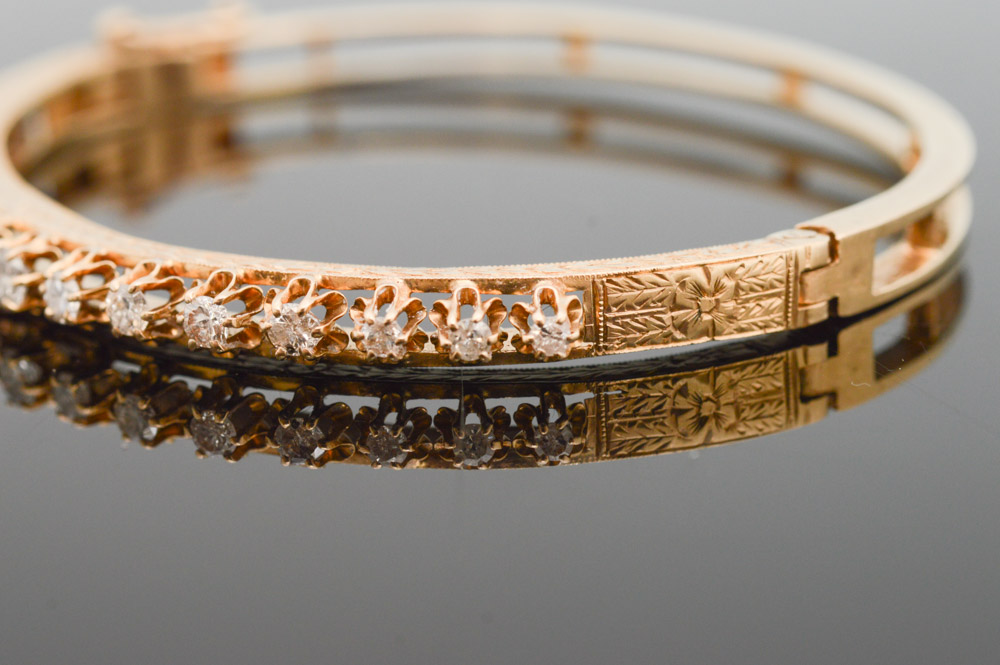 Vintage 14K Yellow Gold 1.17 CTW Diamond Bangle