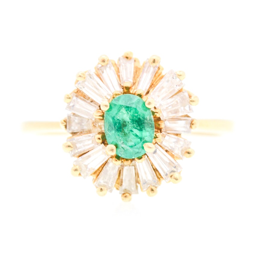 18K Yellow Gold Emerald and Diamond Ring