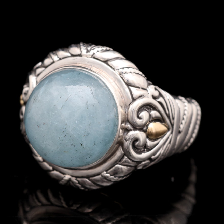 Sterling Silver, 18K Yellow Gold and Milky Aquamarine Ring