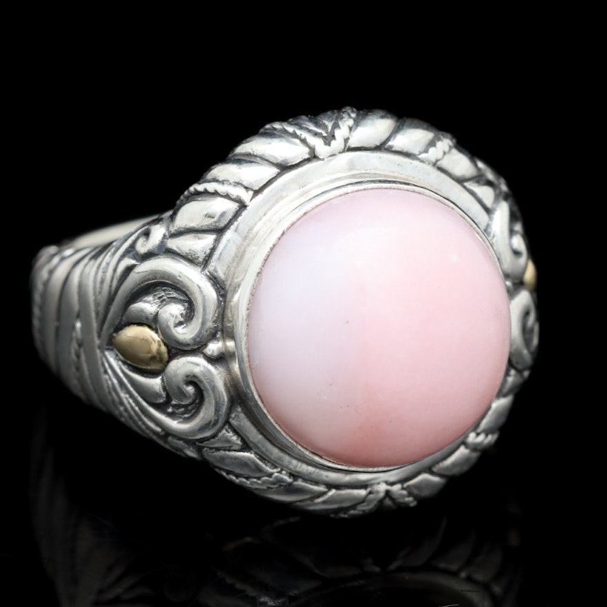 Sterling Silver, 18K Yellow Gold and Pink Opal Ring