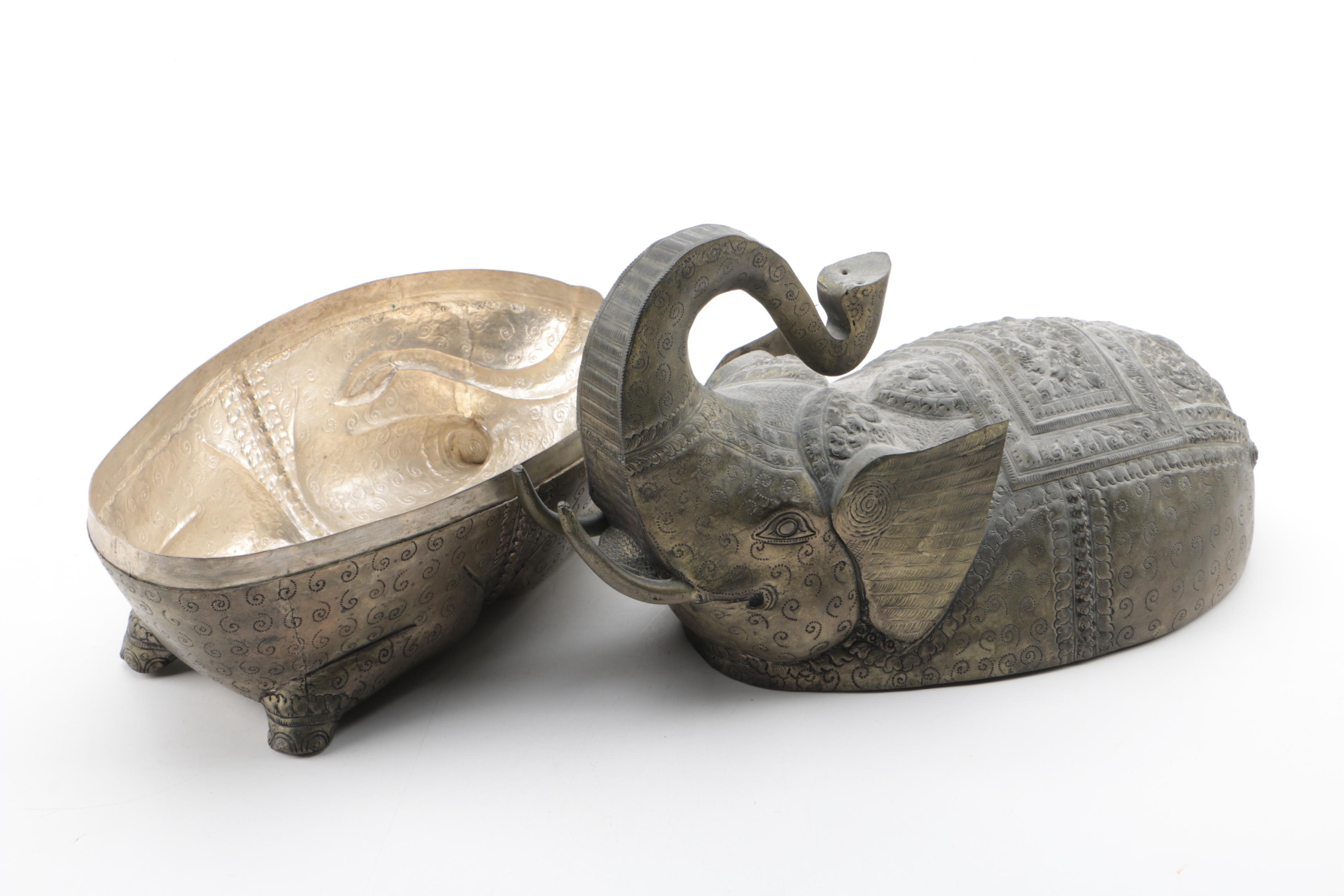 Silver Tone Metal Elephant Trinket Box