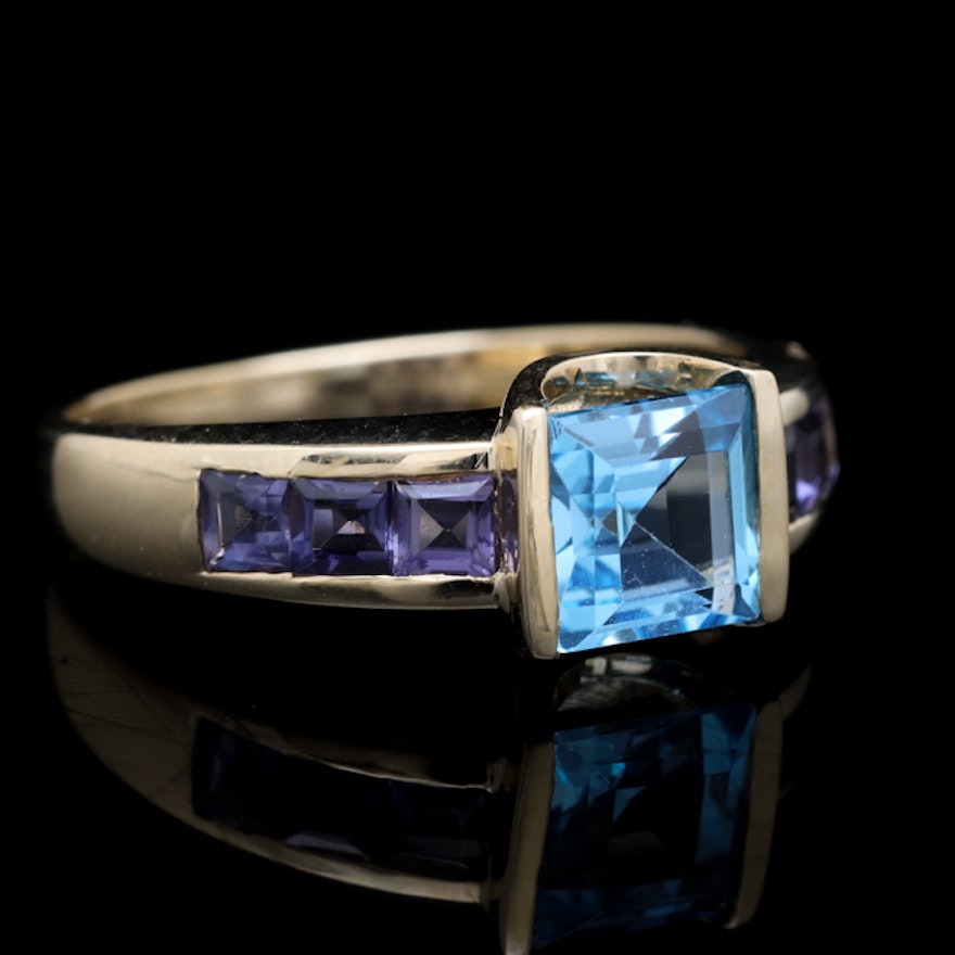 10K Yellow Gold, Blue Topaz and Iolite Ring