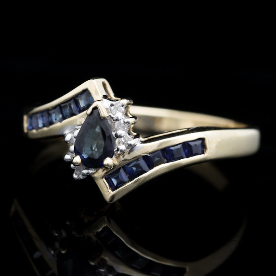 10K Yellow Gold, Blue Sapphire and Diamond Ring