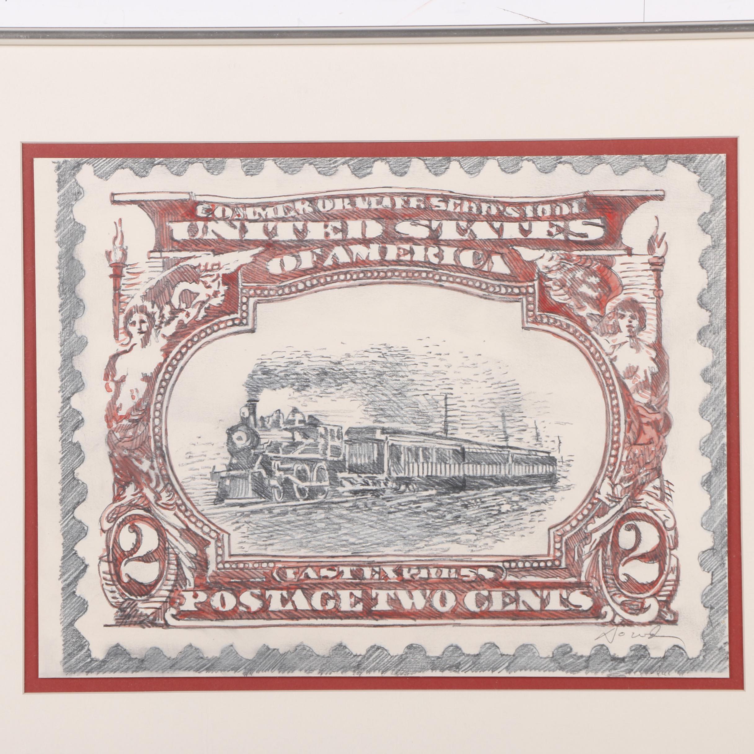 Robert Dowd Colored Pencil and Watercolor Drawing of a Stamp