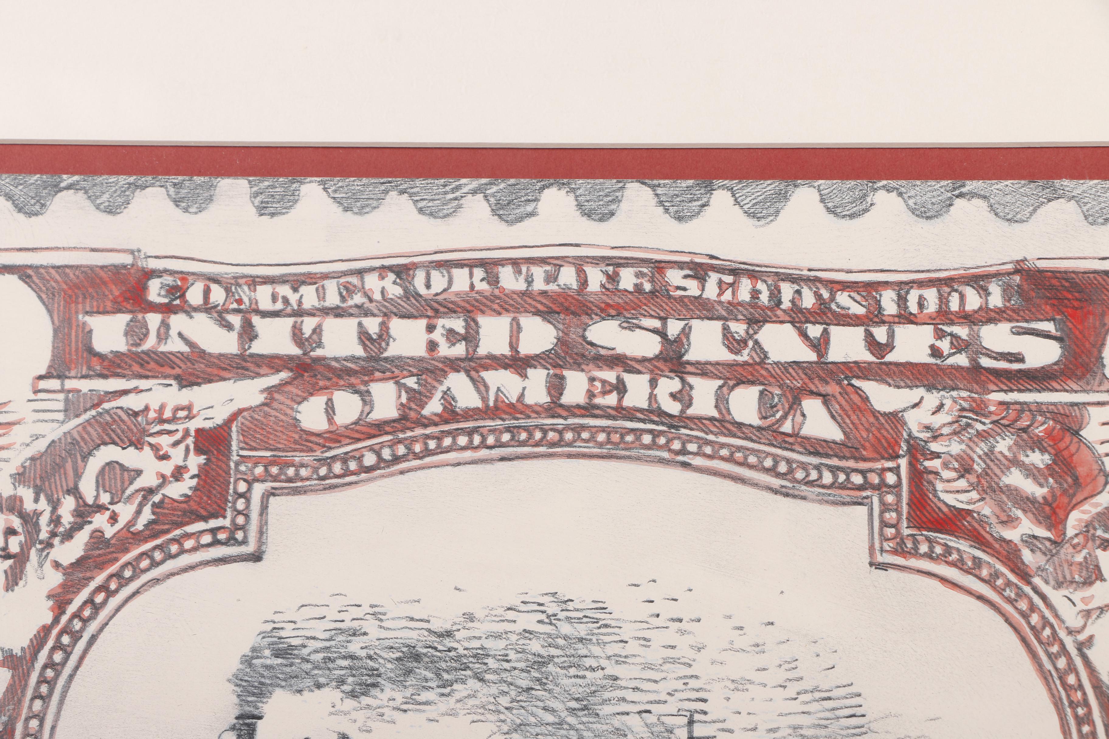 Robert Dowd Colored Pencil and Watercolor Drawing of a Stamp