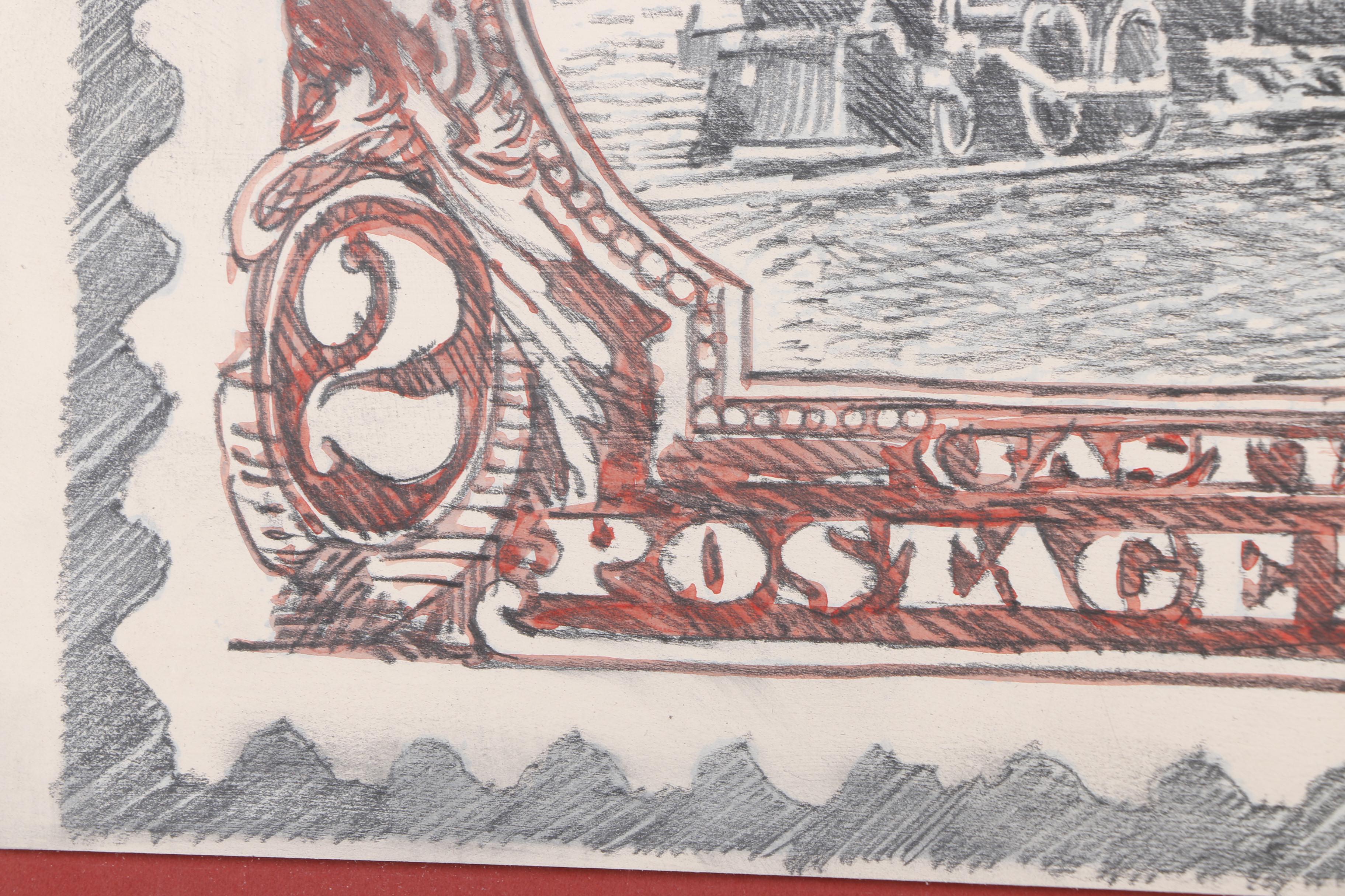 Robert Dowd Colored Pencil and Watercolor Drawing of a Stamp