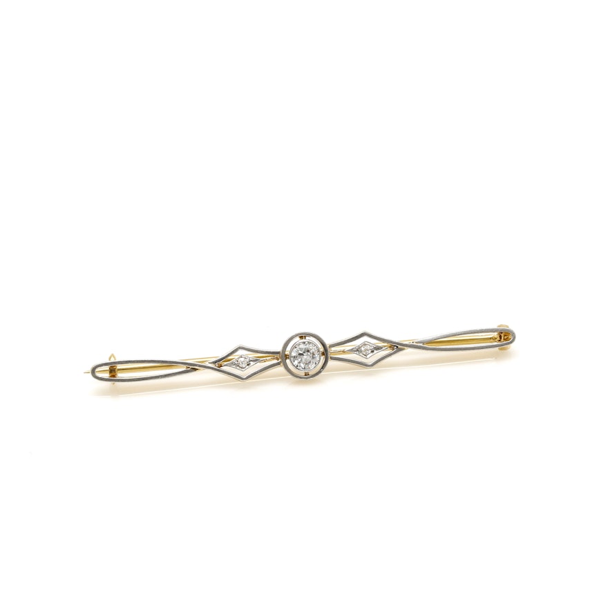 Late Arts and Crafts 18K Yellow Gold and Platinum Diamond Brooch