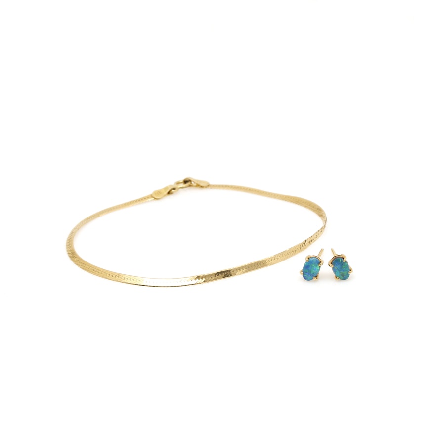 10K and 14K Yellow Gold Opal Doublet Earrings and 14K Yellow Gold Bracelet