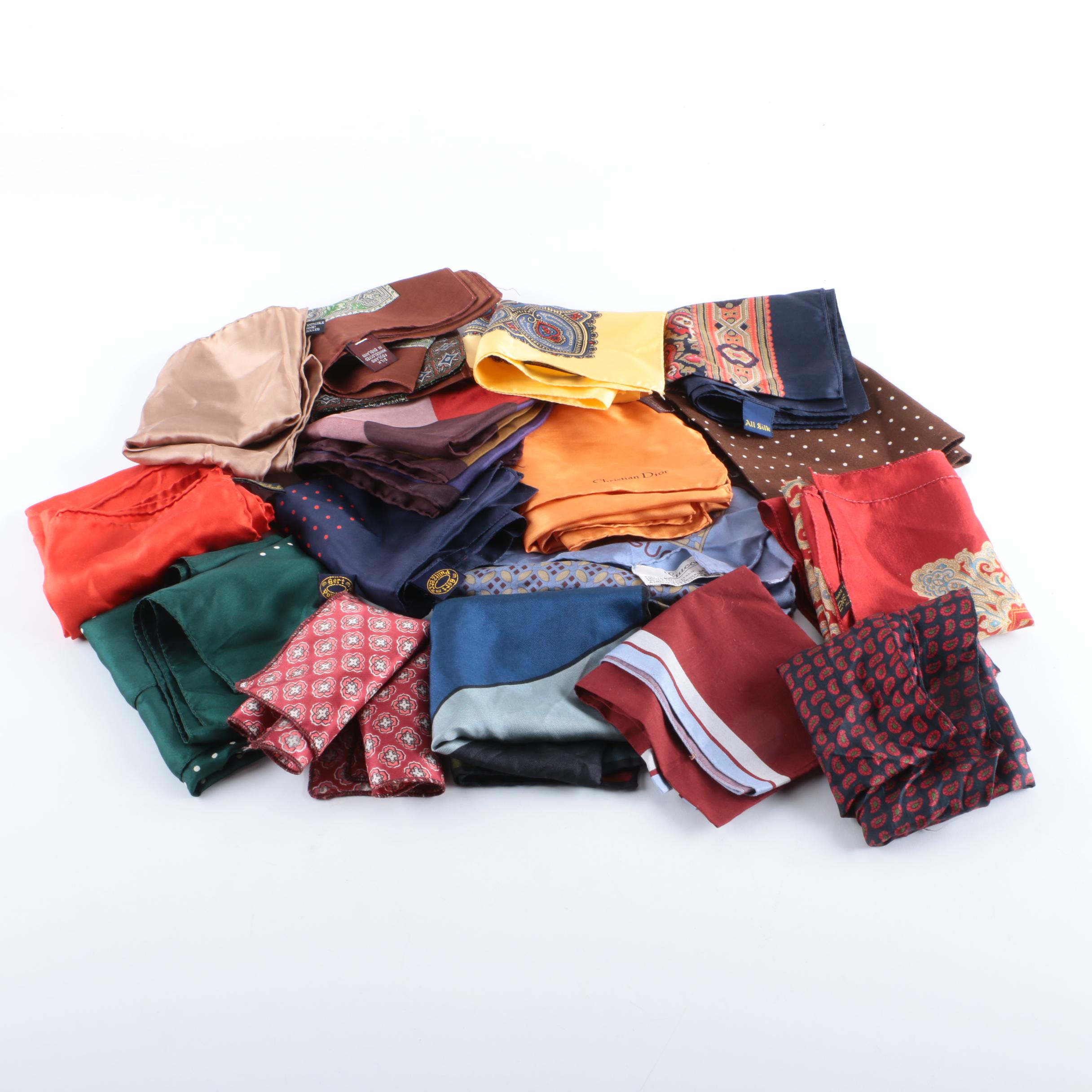 Men's Silk Pocket Squares Including Gucci, Christian Dior and Bert Pulitzer