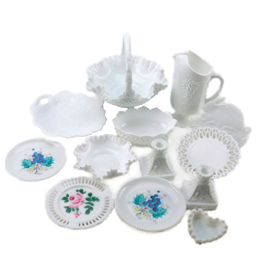 Vintage Milk Glass Tableware Including Westmoreland and Fenton
