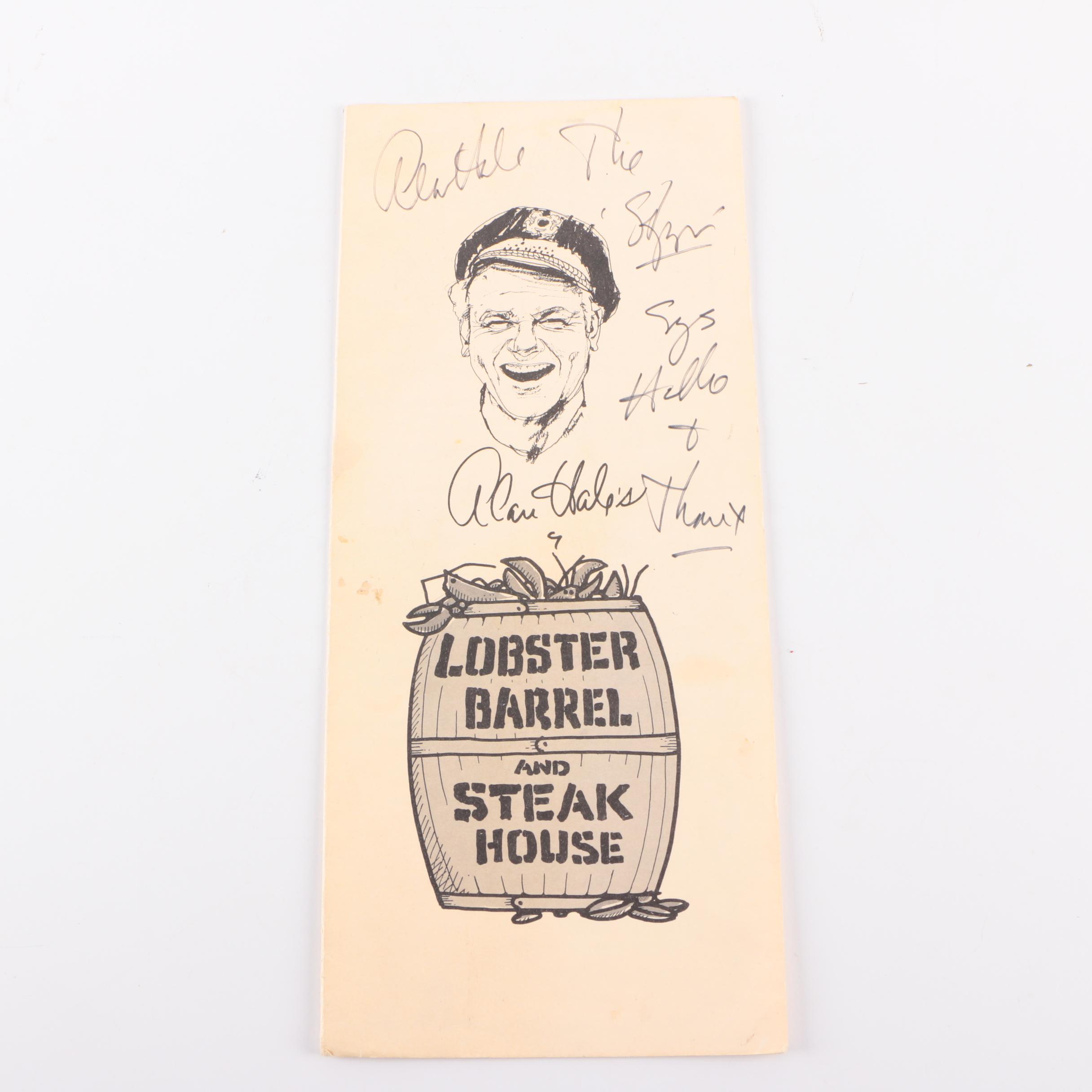 Alan Hale Autographed Lobster Barrel Restaurant Menu