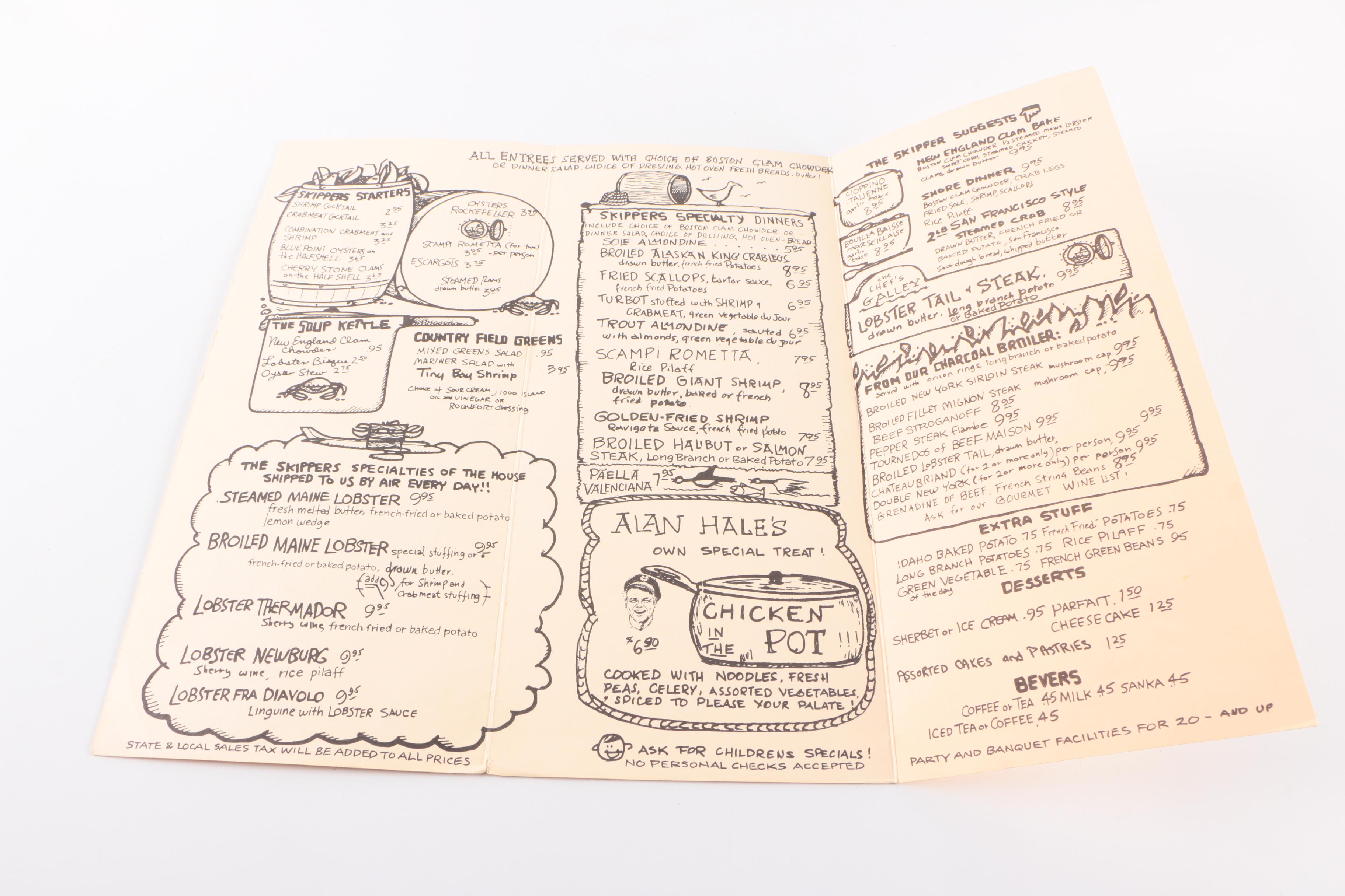 Alan Hale Autographed Lobster Barrel Restaurant Menu