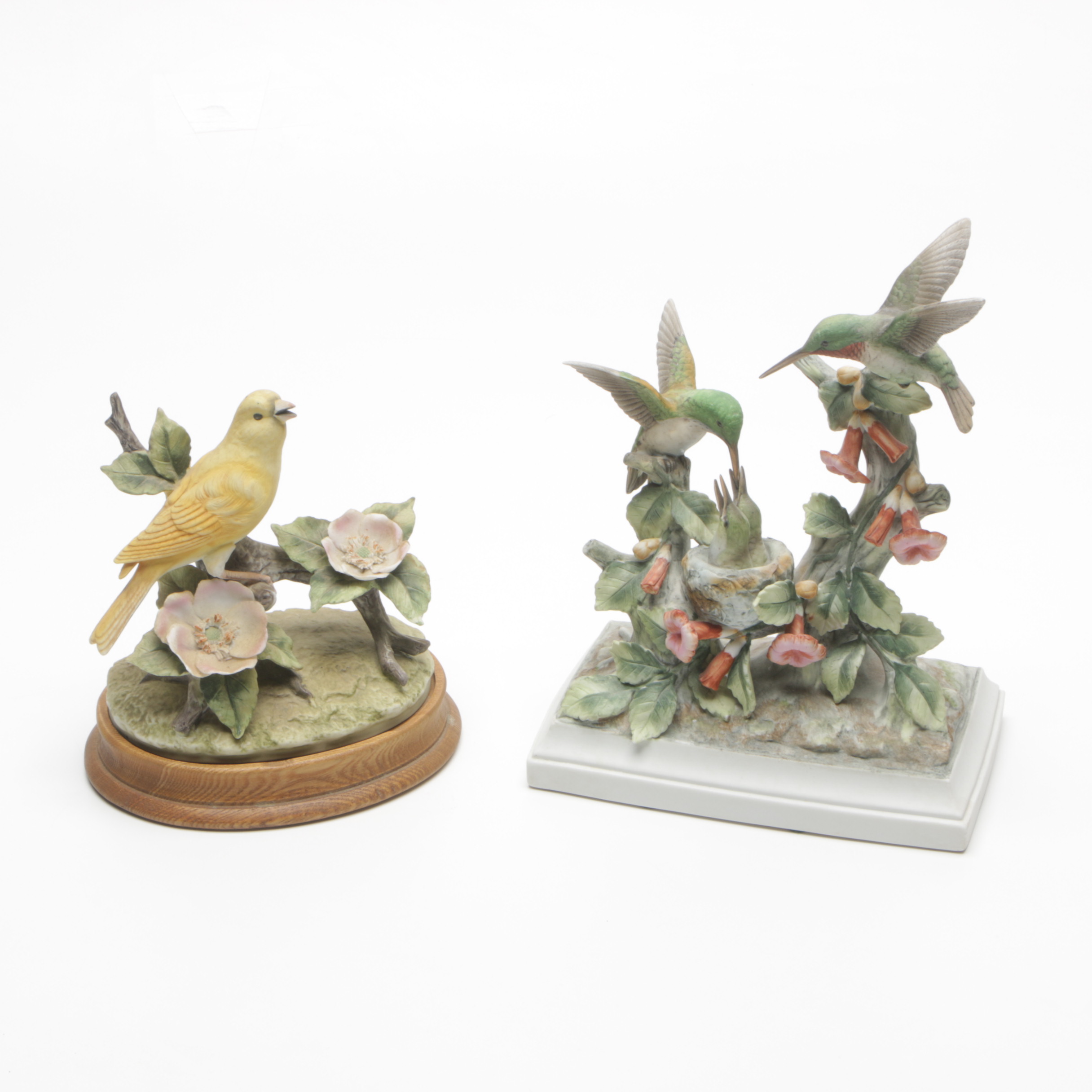 Andrea "Canary" and "Ruby-Throated Hummingbird" Porcelain Bird Figurines