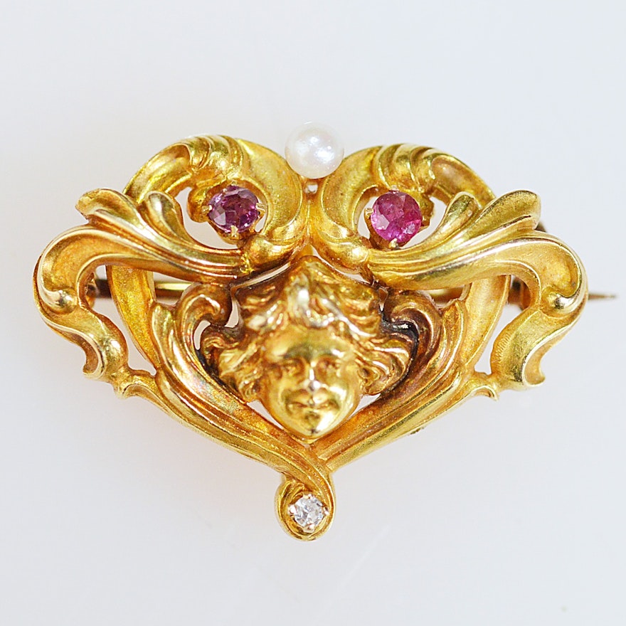 Art Nouveau 14K Yellow Gold, Diamond, Pearl and Ruby Watch Brooch