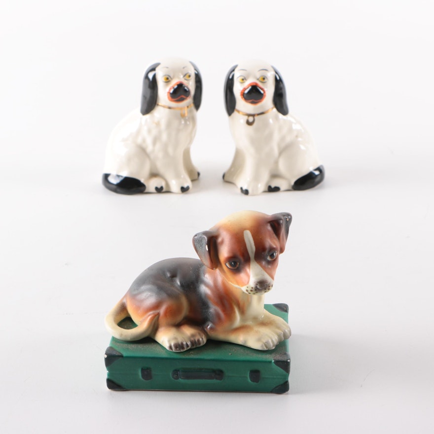 Staffordshire Style Porcelain Spaniels and Japanese Seated Puppy Figurines